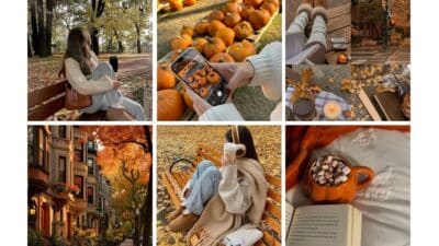 Autumn collage: cozy sweaters, pumpkins, hot cocoa, fall streets, and park scenery representing a warm, inviting fall atmosphere.