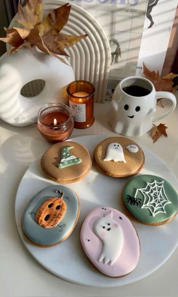 Spooky Halloween cookies and decor with ghost mug and candles on a table, perfect for a festive treat display.