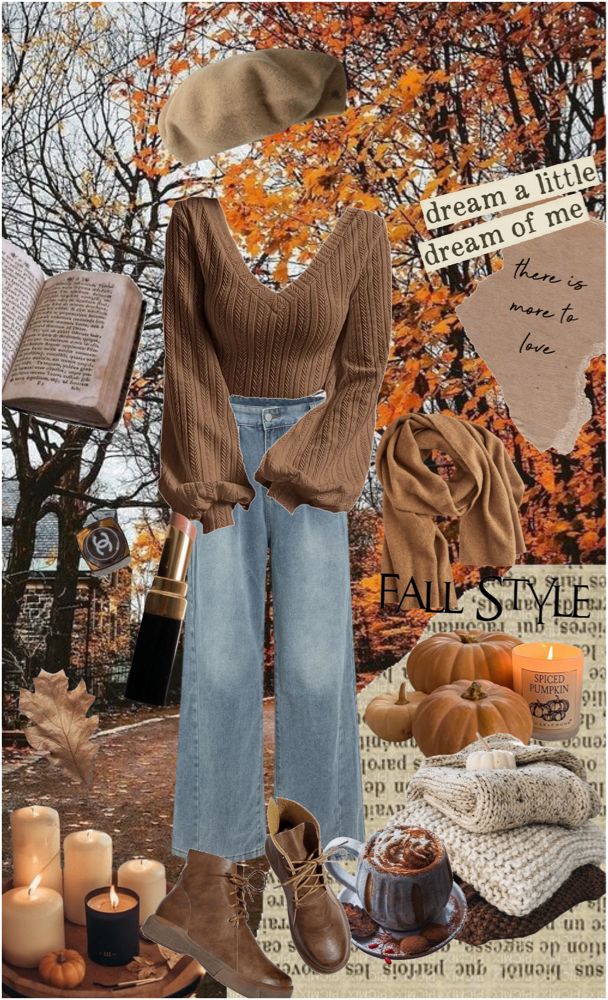 Autumn fashion collage featuring cozy fall attire, candles, pumpkins, and a scenic backdrop of colorful autumn leaves.
