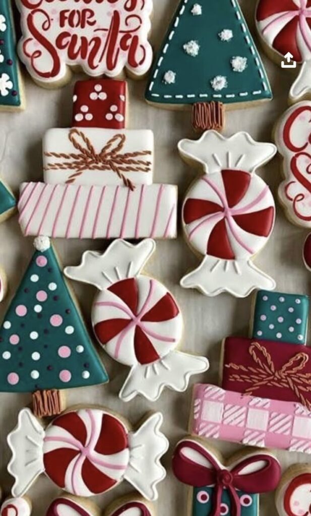 Festive Christmas cookies with decorations: candy, gifts, trees, and Cookies for Santa message. Perfect for holiday cheer!