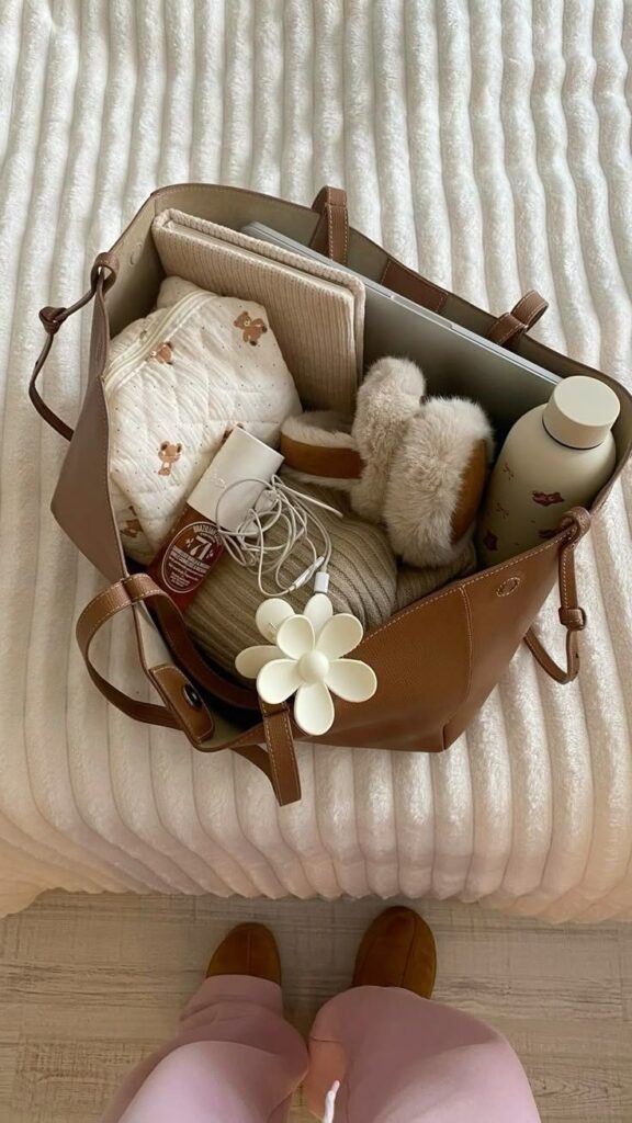 Open brown bag on bed with cozy essentials: blanket, ear muffs, notebook, charger, water bottle, and slippers. Top-down view.