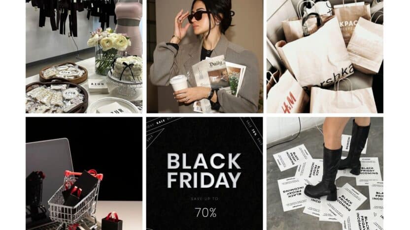 Black Friday shopping collage featuring fashion, discounts, and a shopper with bags; save up to 70% on stylish deals.