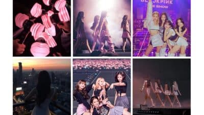 Collage of a pop girl group performing live with fans, concert lights, and city skyline views at sunset.