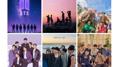 Collage of BTS group photos in various settings, including a sunset, beach, and group portraits.