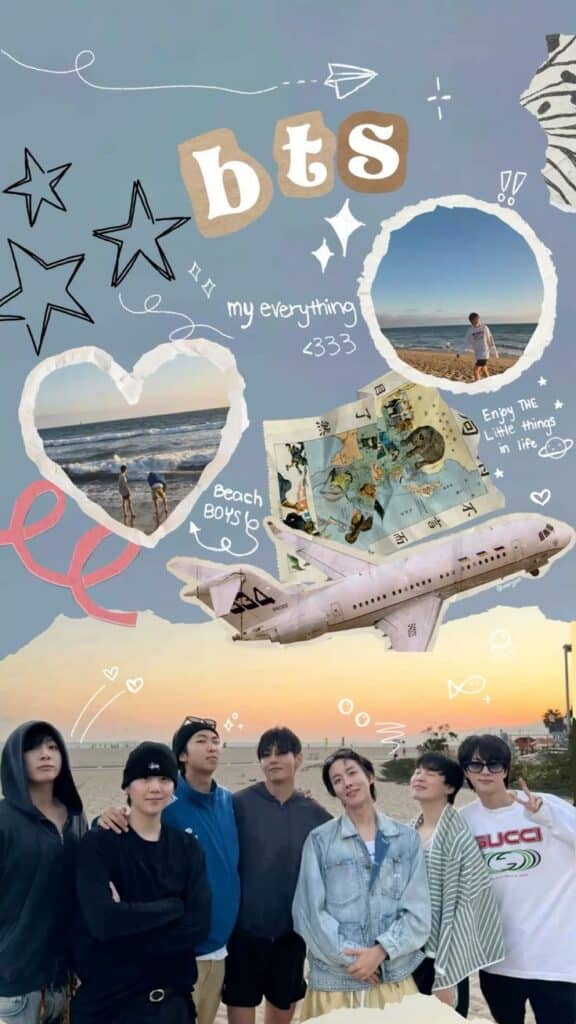 Collage of beach memories with friends, featuring handwritten notes and doodles, beach scenes, and a plane for a travel vibe.