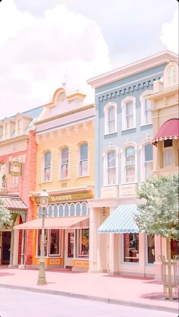 Colorful vintage-style storefronts on a sunny day, featuring pastel facades and charming architectural details.
