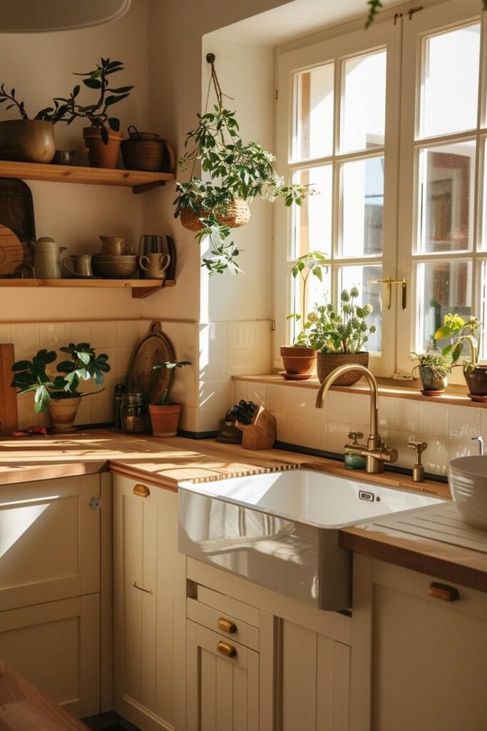 Cozy kitchen with rustic shelves and potted plants, sunlight streaming through the window onto wooden countertops and white sink.