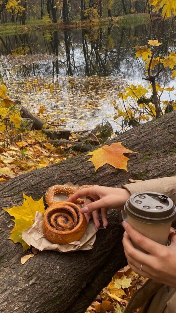 Cozy autumn picnic by a pond with coffee, pretzel, and cinnamon roll on a log surrounded by colorful leaves.