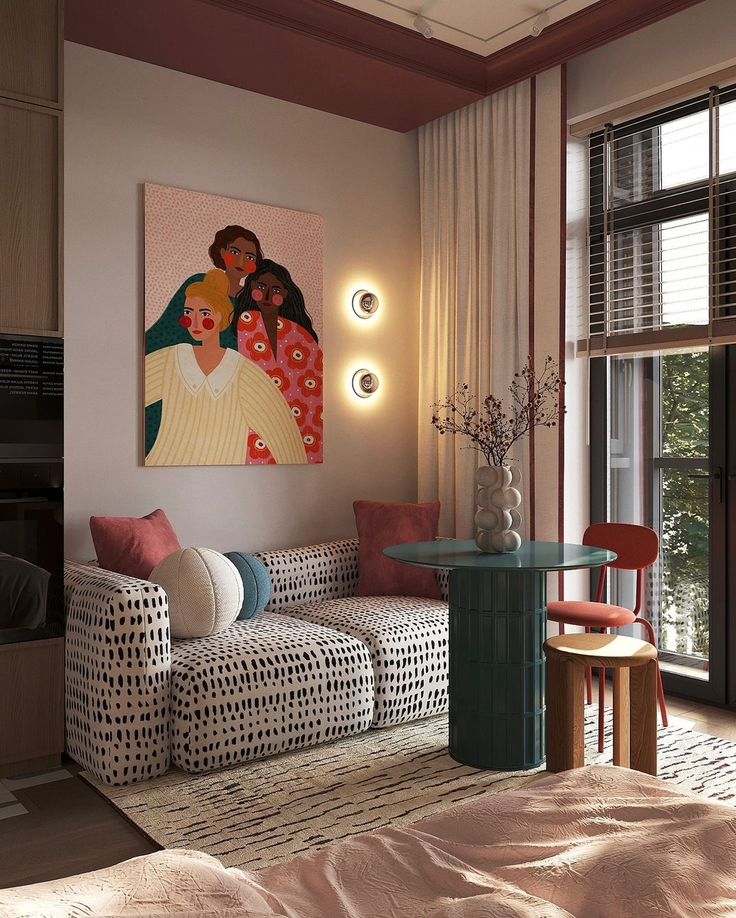 Cozy modern living room with abstract art, chic patterned sofa, round table, and soft lighting by large window with blinds.