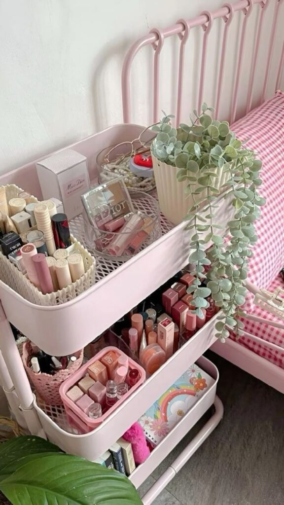 Pastel pink makeup organizer with cosmetics, perfume, and a small plant, offering a stylish and neat beauty storage solution.