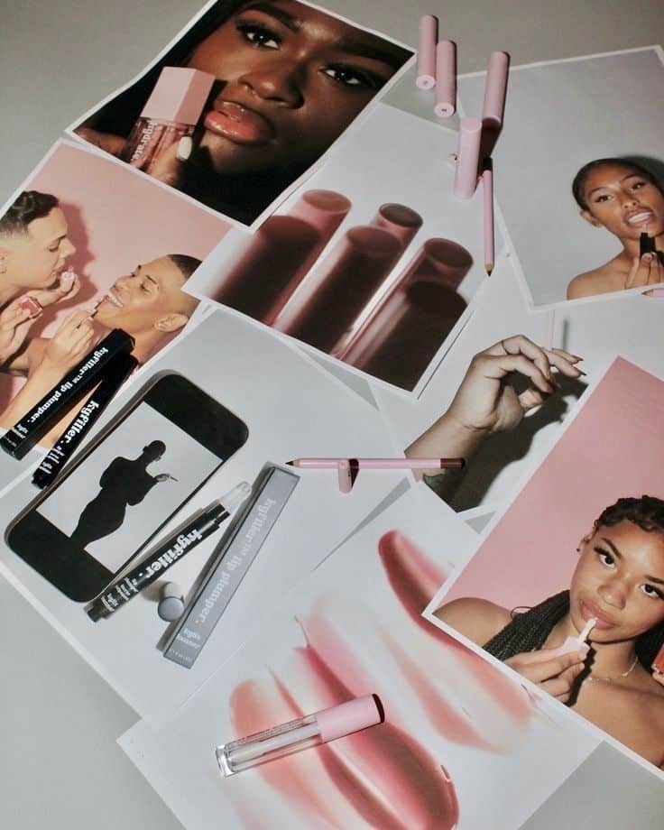 Assorted beauty products and diverse models with lip gloss and liner, showcasing vibrant pink hues on a stylish flatlay.