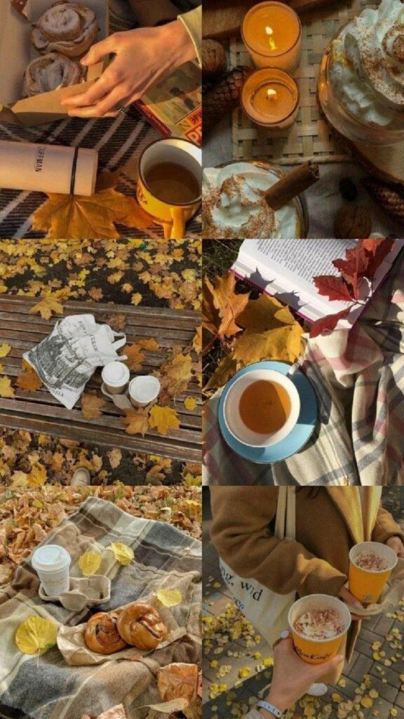 Cozy autumn picnic scene with coffee, pastries, fall leaves, candles, and a book, creating a warm, seasonal atmosphere.