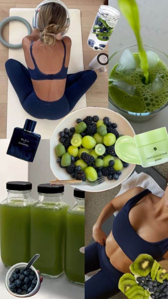clean aesthetic vision board inspo - Handy Home Woman in activewear with healthy green juices, fresh fruit bowl, and skincare essentials, showcasing a lifestyle balance.