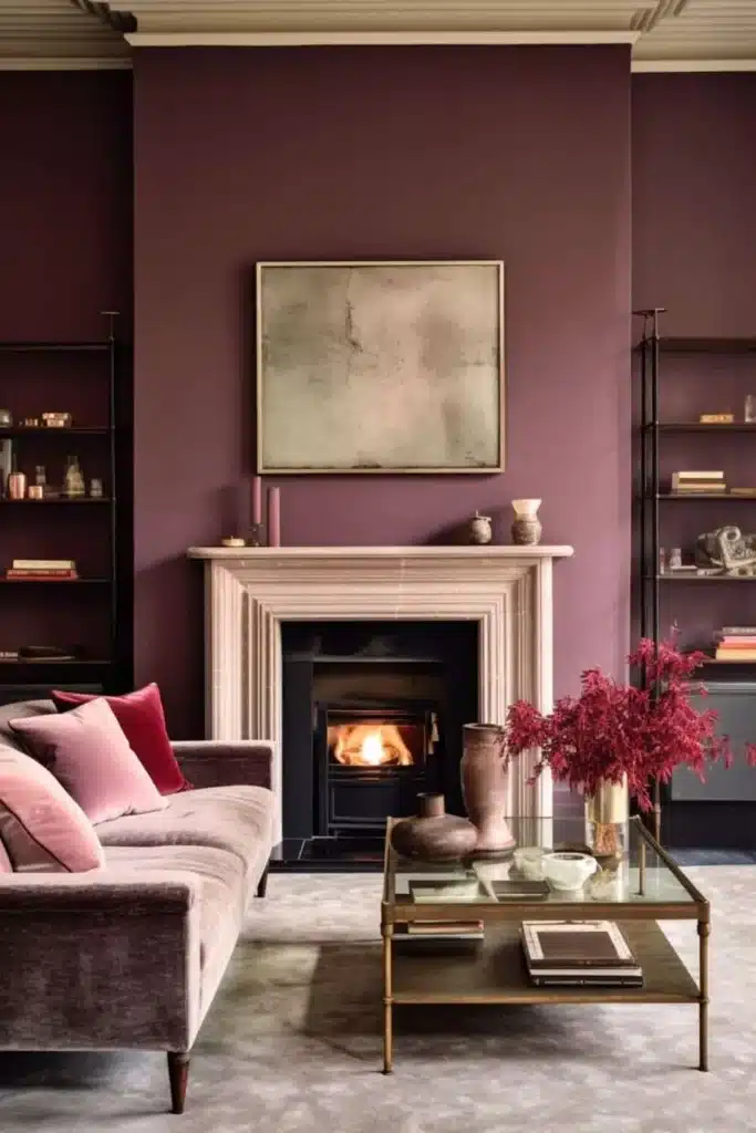 Cozy living room interior with purple walls, elegant fireplace, and modern decor, featuring plush seating and a vibrant floral arrangement.
