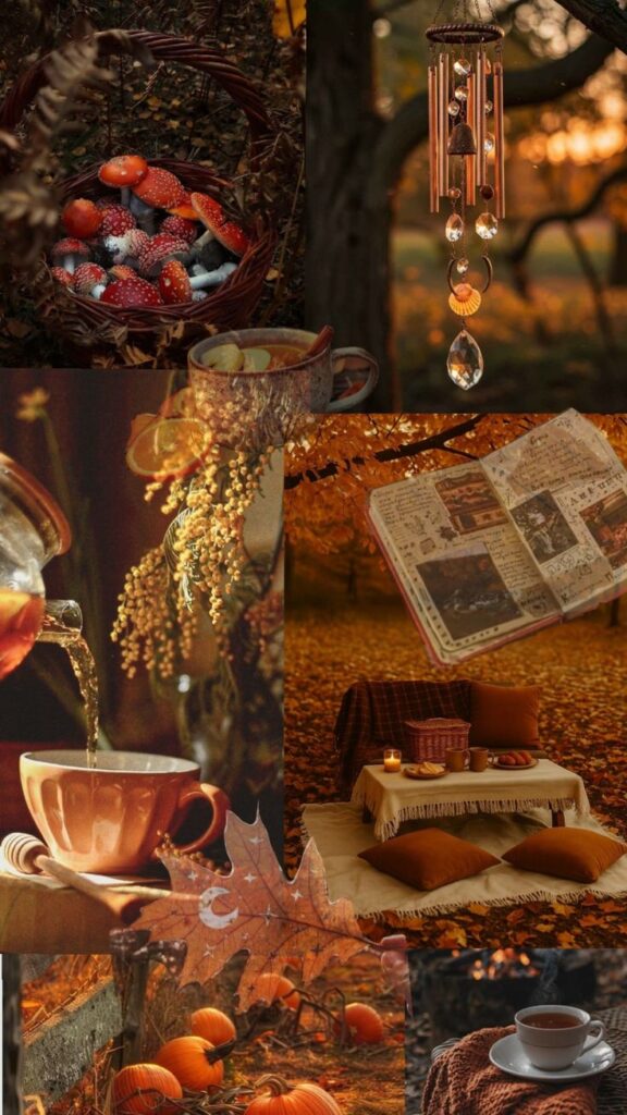 Cozy autumn collage: mushrooms, tea, wind chimes, pumpkins, and warm blankets. Perfect fall ambiance with golden hues.
