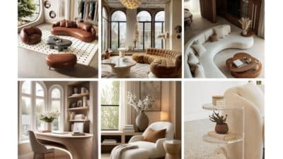 Modern cozy interiors with elegant furniture, neutral tones, plush couches, and stylish decor. Perfect for minimalist living spaces.