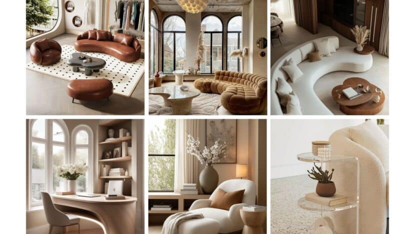 Modern cozy interiors with elegant furniture, neutral tones, plush couches, and stylish decor. Perfect for minimalist living spaces.