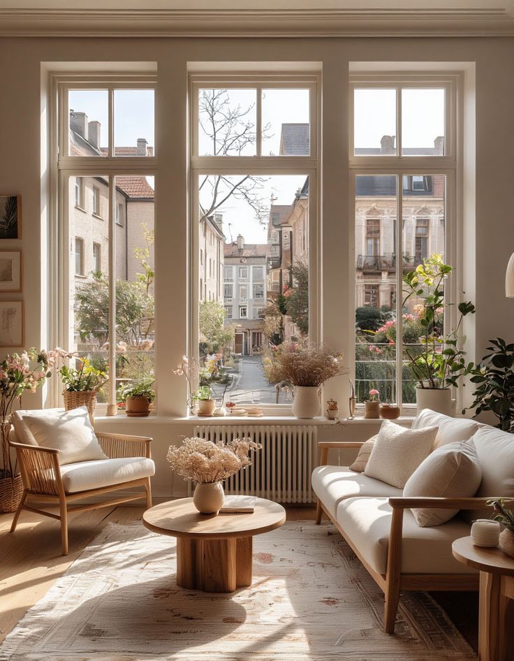 Cozy living room with large windows, natural light, plants, and wooden furniture, overlooking a charming street view.