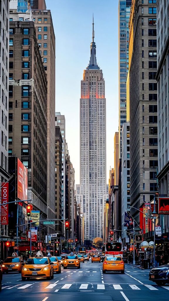 Street view of New York City with iconic skyscraper, busy traffic, and yellow cabs under a clear sky.