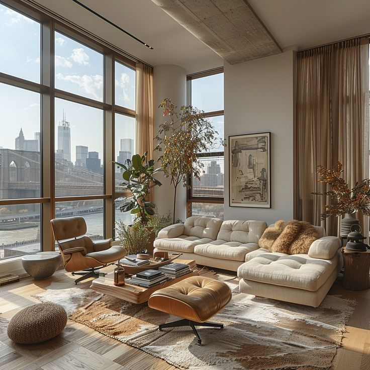 Modern living room with large windows, stylish furniture, and a scenic city view. Cozy and elegant interior design.