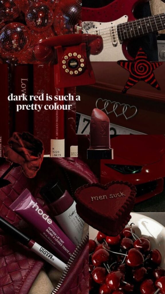 Collage of dark red aesthetic items: guitar, phone, night view, lipstick, roses, cherries. Text: dark red is such a pretty colour.