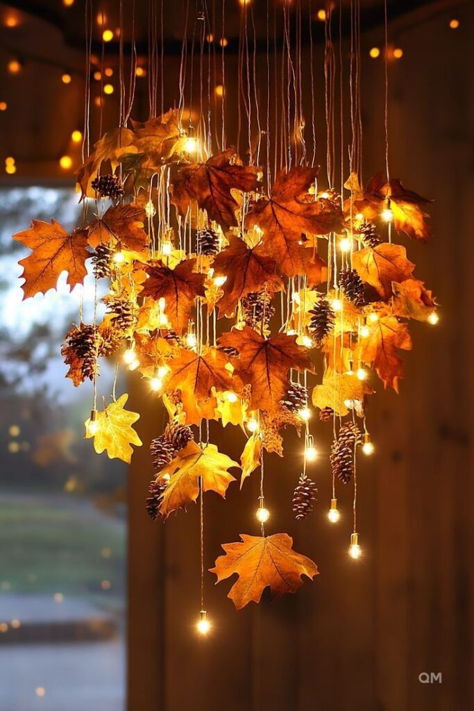 Hanging autumn leaf chandelier with warm string lights and pinecones creates a cozy, festive atmosphere indoors.