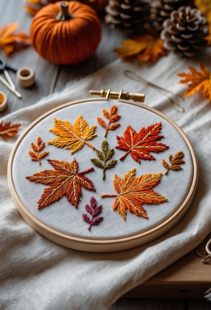 Autumn-themed embroidery hoop with colorful fall leaves in vibrant orange, yellow, and red threads, surrounded by pumpkins and pine cones.