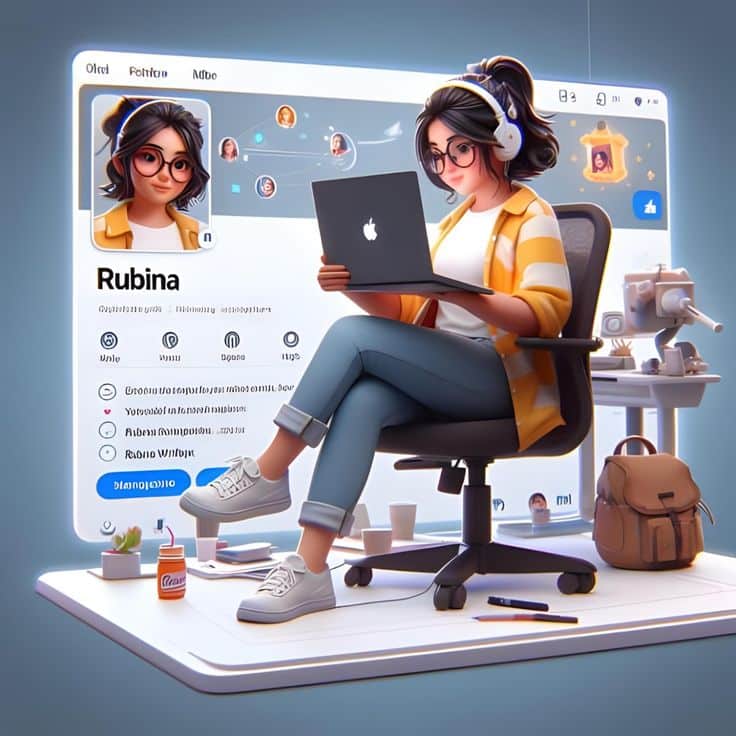Young woman with glasses working on a laptop in a modern virtual office space, wearing headphones and surrounded by tech gadgets.