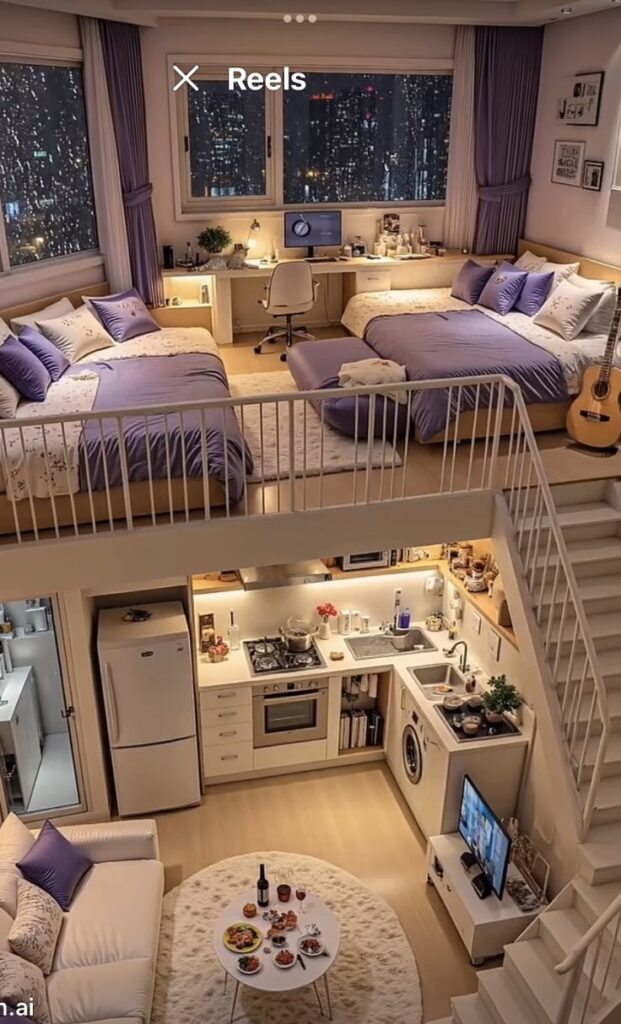 Modern loft with cozy bedroom, elegant kitchen, and city view. Perfect urban living in stylish duplex apartment.