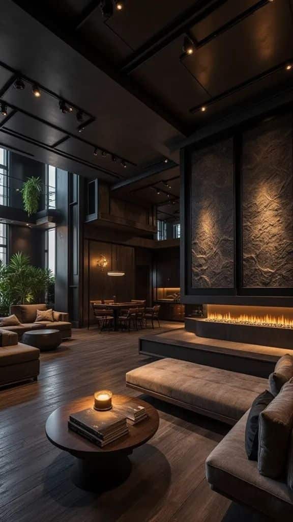 Luxurious modern living room with cozy sofas, sleek fireplace, stylish decor, and ambient lighting for a warm, inviting atmosphere.