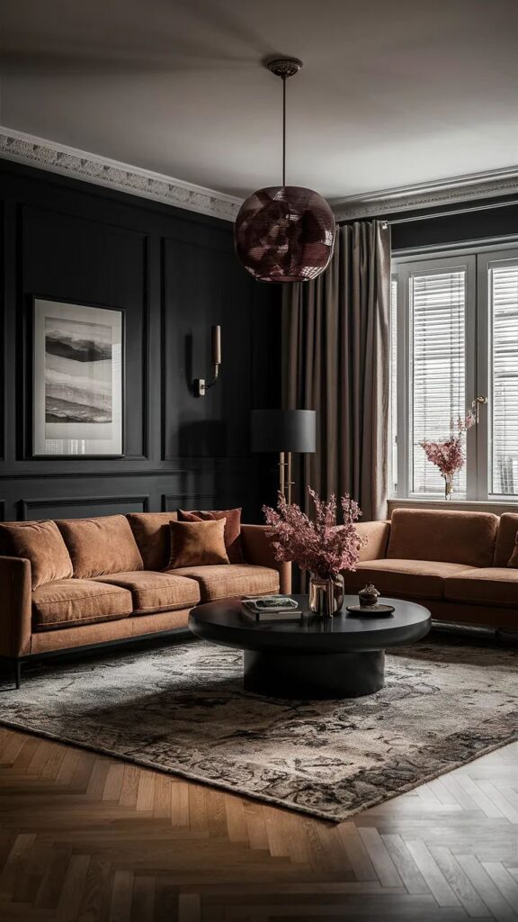 Elegant living room with brown sofas, black walls, modern pendant light, and a round coffee table with pink flowers.