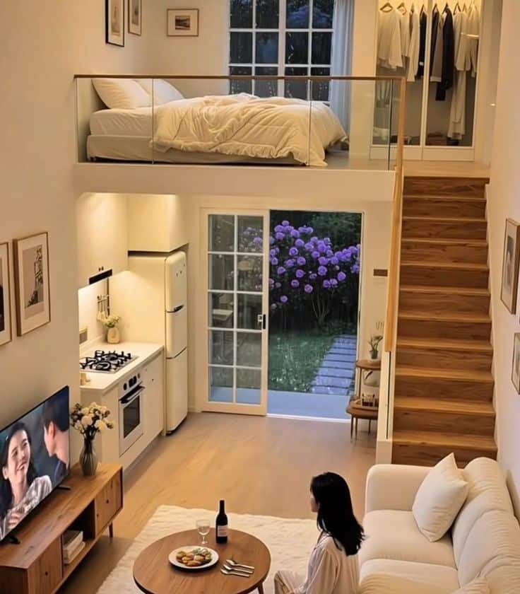 Modern loft apartment with cozy living room, kitchen, and bedroom loft. Large window doors open to a garden. Woman watching TV.