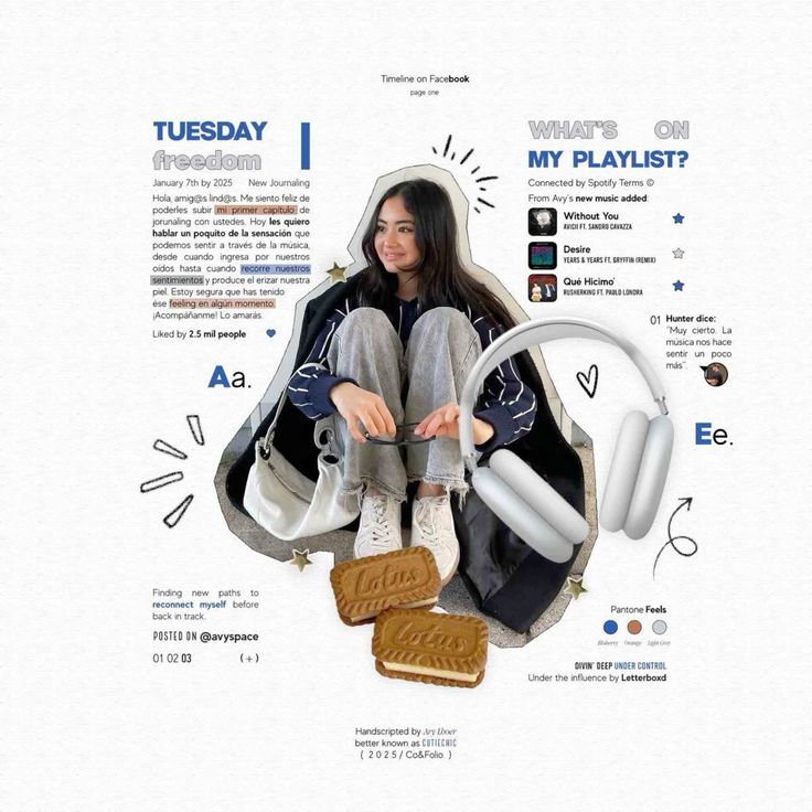Young woman sitting with headphones, surrounded by text, music notes, and cookies. Creative journaling and music theme.