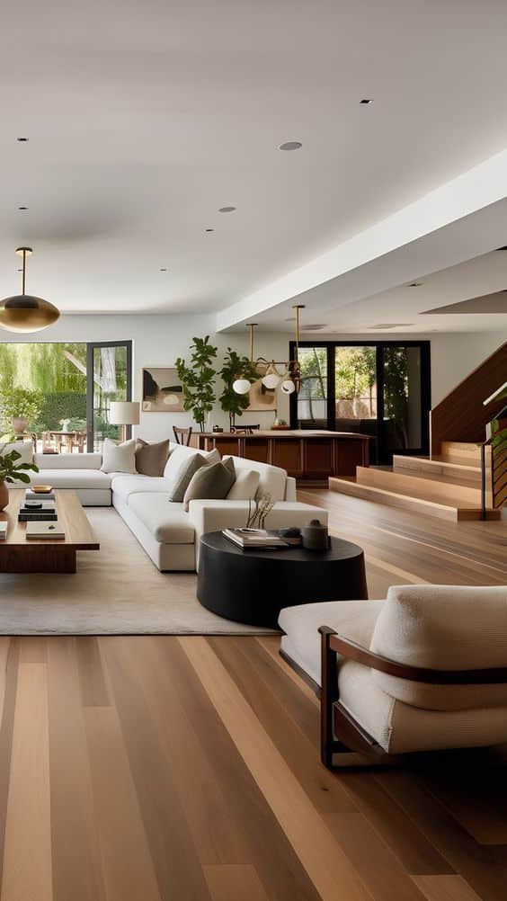 Modern living room with white sofas, wooden flooring, large windows, and indoor plants enhancing the cozy, open space.