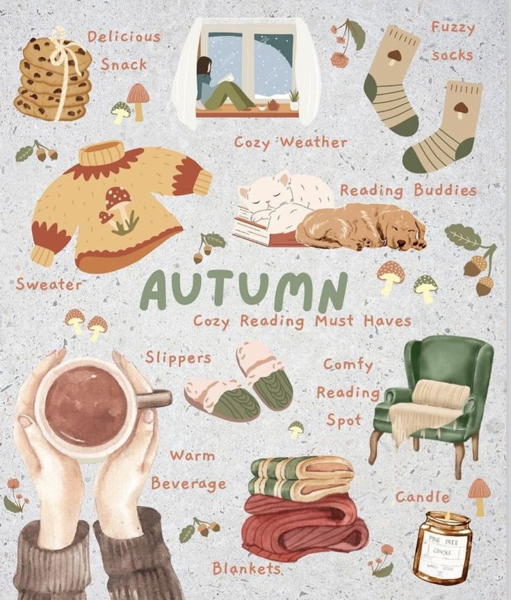 Autumn essentials: cozy sweater, fuzzy socks, warm drink, snacks, and a comfy reading spot with blankets. Perfect for a cozy day!