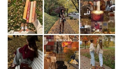 Collage of autumn scenes with books, cozy fashion, and fall foliage, capturing the essence of a vibrant and stylish fall season.