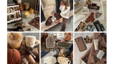 Autumn essentials collage featuring cozy fashion, beauty products, coffee moments, and hair accessories for the perfect fall vibe.