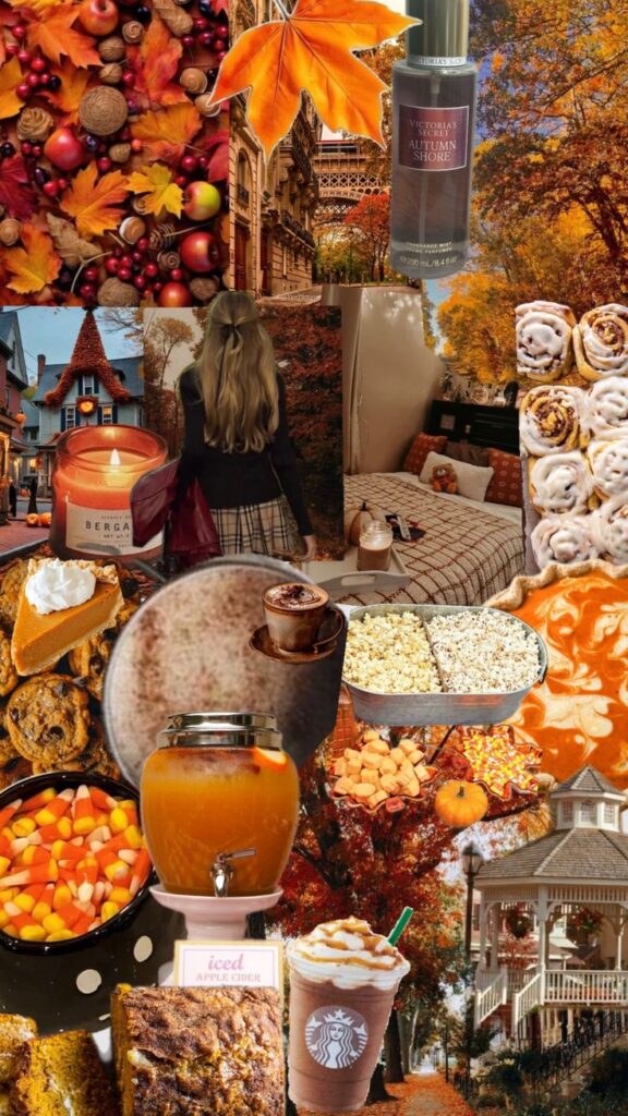 Collage of autumn vibes: leaves, cozy beds, pumpkin treats, fall decor, and seasonal drinks. Embrace the warmth of fall aesthetics. 🍁🎃