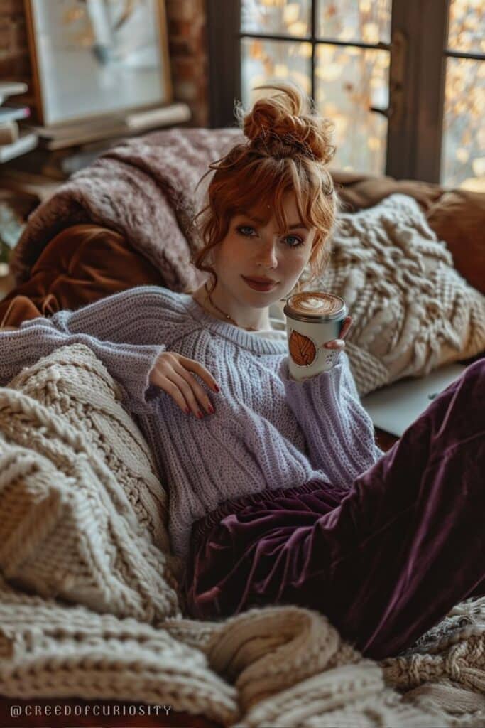 Cozy autumn afternoon with a woman enjoying cappuccino in a knit sweater, surrounded by blankets.