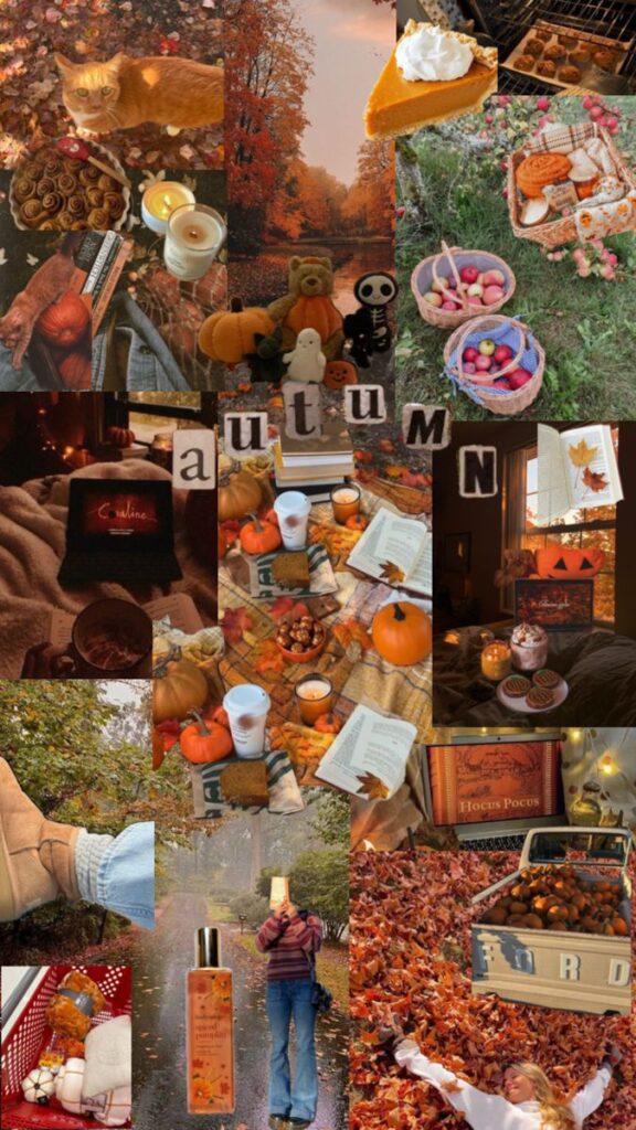 Autumn collage with pumpkins, cozy scenes, candles, books, pie, and vibrant leaves for a warm seasonal vibe.