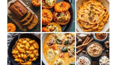 Assorted autumn dishes: pumpkin bread, stuffed squash, creamy pumpkin pasta, gnocchi, tortellini soup, and spiced desserts.