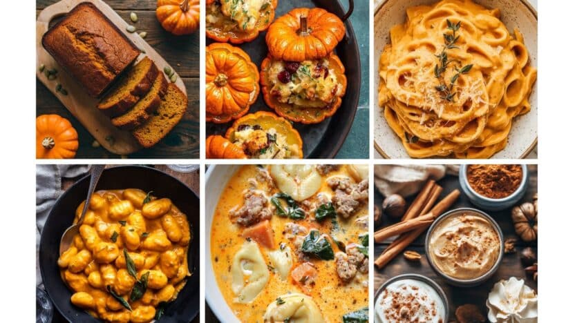 Assorted autumn dishes: pumpkin bread, stuffed squash, creamy pumpkin pasta, gnocchi, tortellini soup, and spiced desserts.