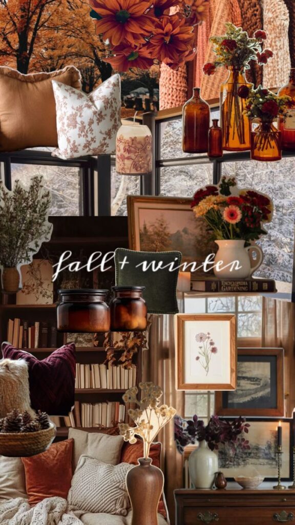 Cozy fall and winter decor with pillows, flowers, and books; warm tones and nature-inspired elements create a seasonal ambiance.