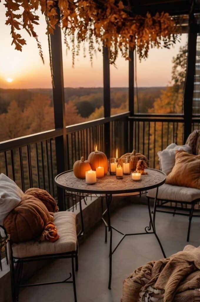 Cozy autumn balcony with pumpkins, candles, and fall decor, overlooking a beautiful sunset over the trees. Perfect for seasonal relaxation.