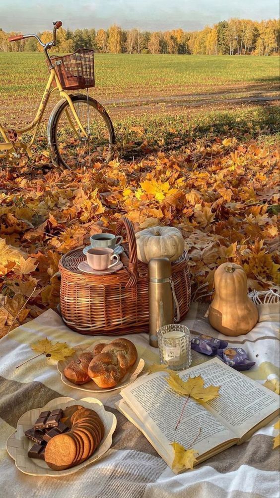Autumn picnic scene with a bicycle, basket, and treats on a blanket surrounded by fallen leaves in a picturesque field.