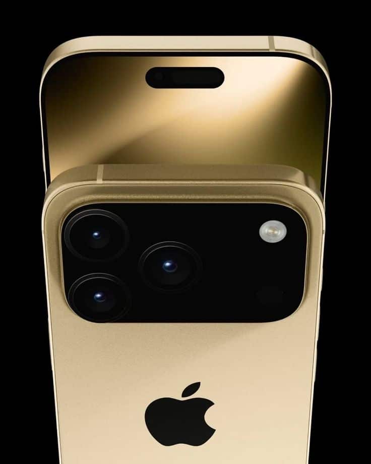Gold smartphone with three cameras and iconic logo, showcasing sleek design and advanced technology on a black background.