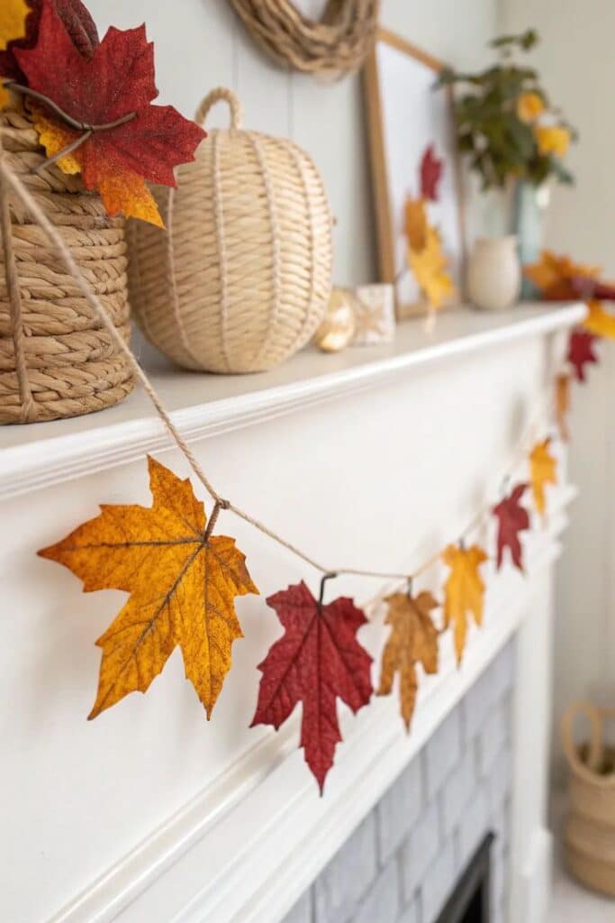 fvaerfve - Handy Home Autumn-themed mantle decor with a garland of colorful fall leaves and woven pumpkin accents. Cozy seasonal home decor.