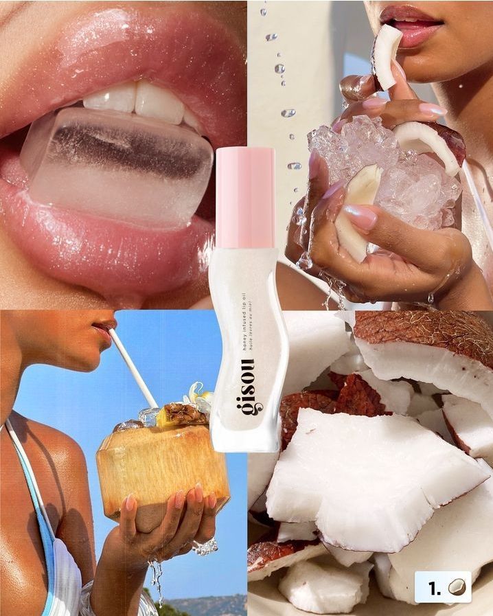 Close-up of glossy lips with ice and coconut, showcasing Gisou hair oil, highlighting hydration and freshness with tropical vibes.