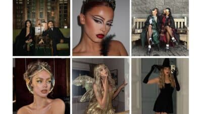 A collage of people in creative Halloween costumes, including a witch, fantasy characters, and pop culture references.