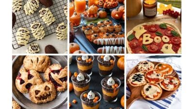 Halloween-themed treats: mummy cookies, spooky cupcakes, ghost pizzas, jack-o'-lantern pies, layered pudding cups. Festive and fun!
